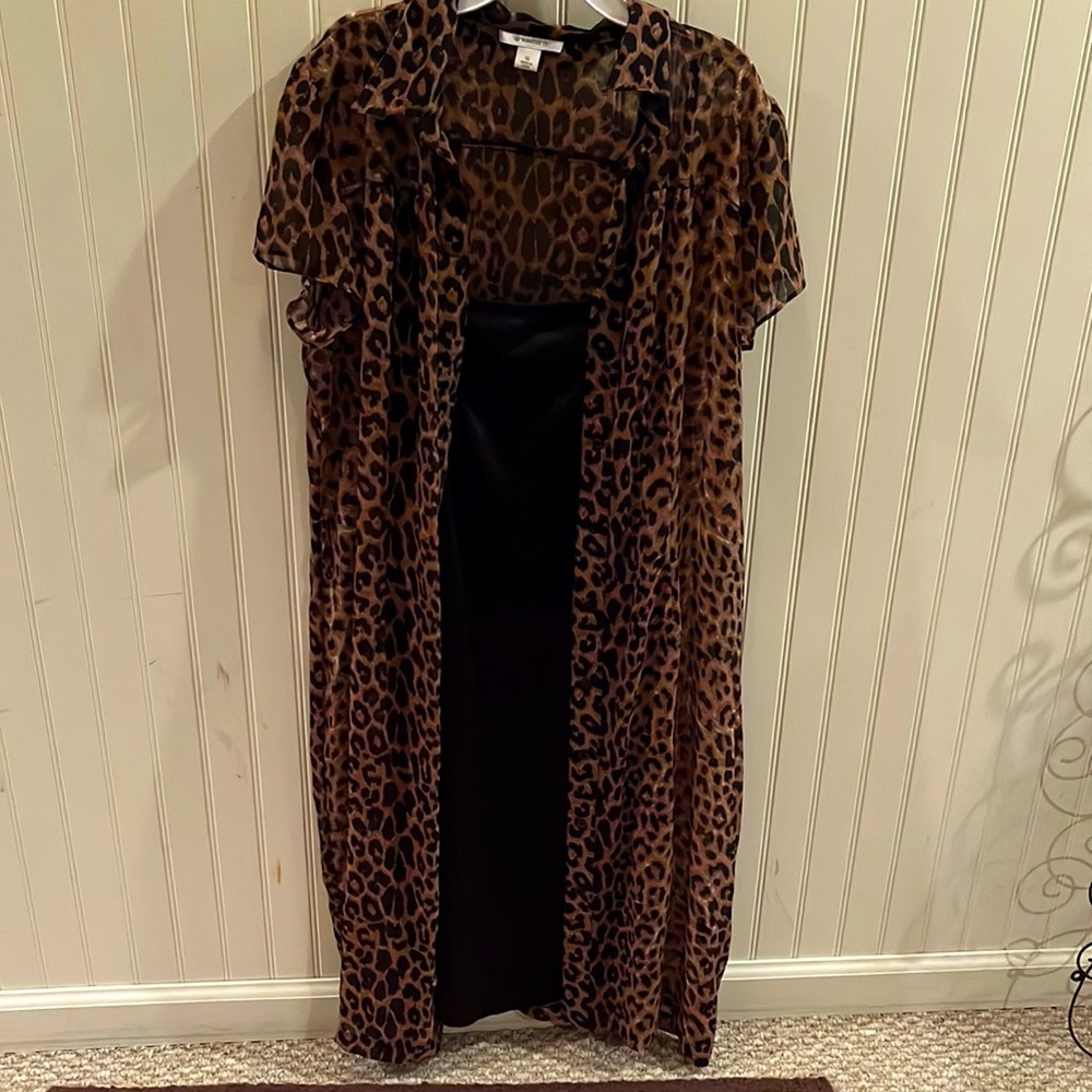 Dress Barn black strapped dress with full length leopard print shawl